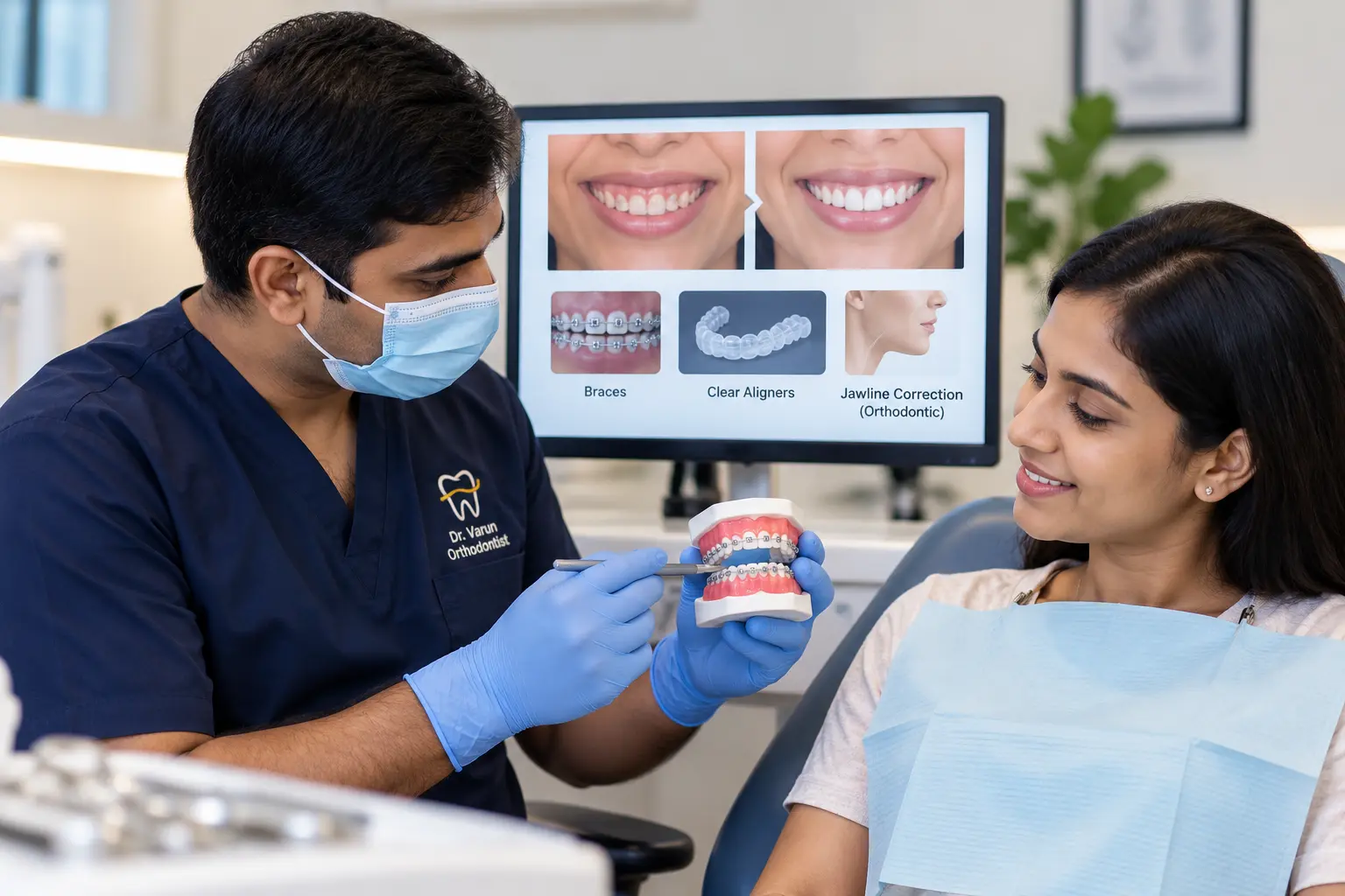 Orthodontic Treatments Orthodontist explaining braces and clear aligner treatment to a patient