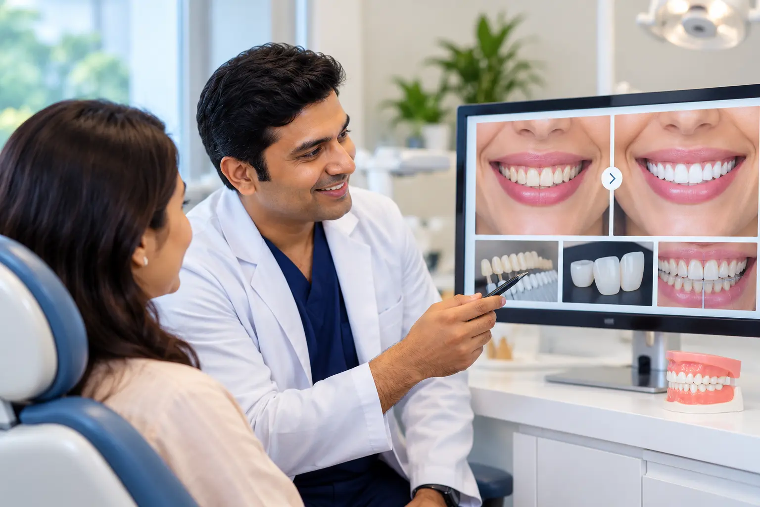 Cosmetic Dentistry Consultation Dentist discussing cosmetic smile makeover options with a patient